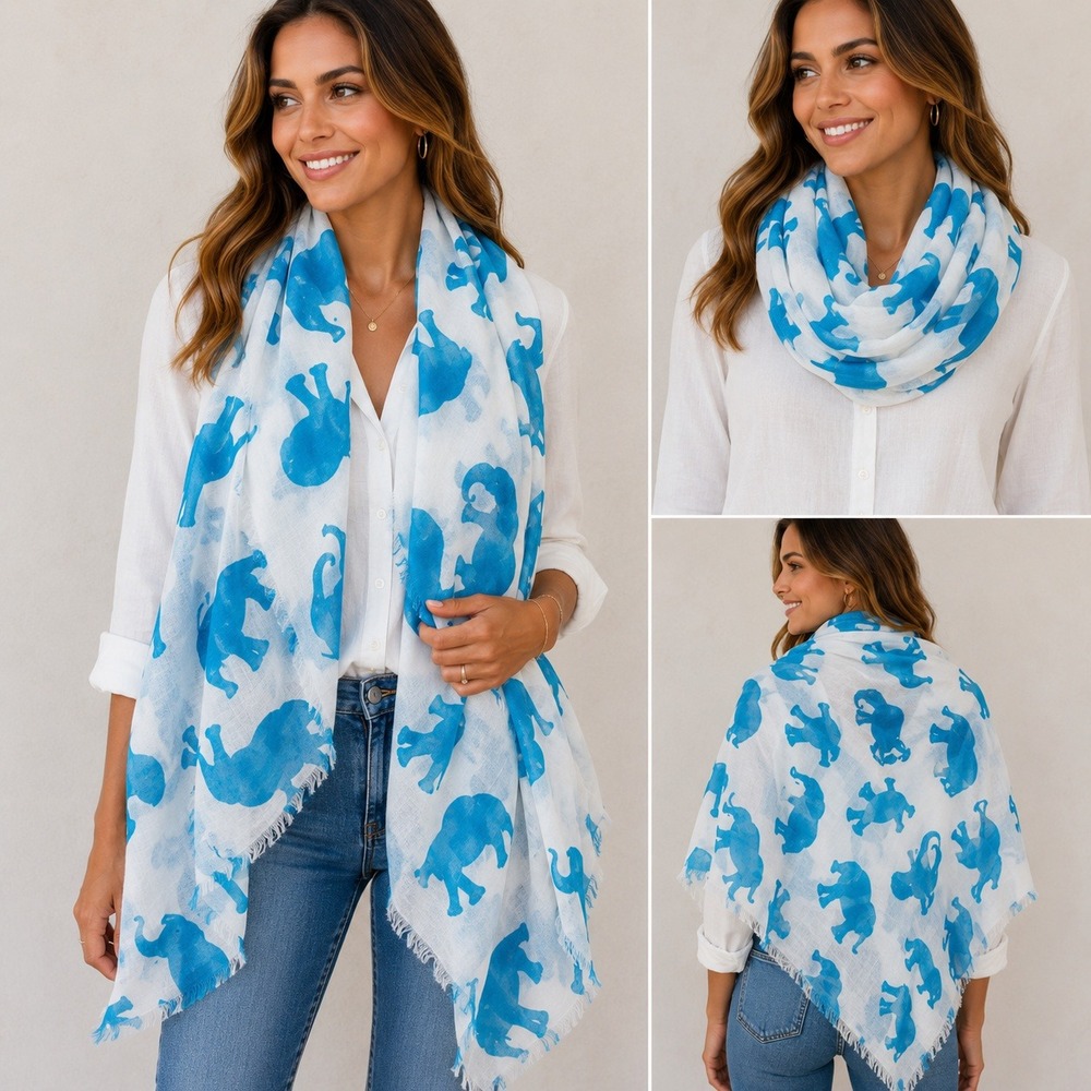 Cejon Elephant Scarf Wrap Shawl Blue White Oversized 80x36 Fringe Lightweight